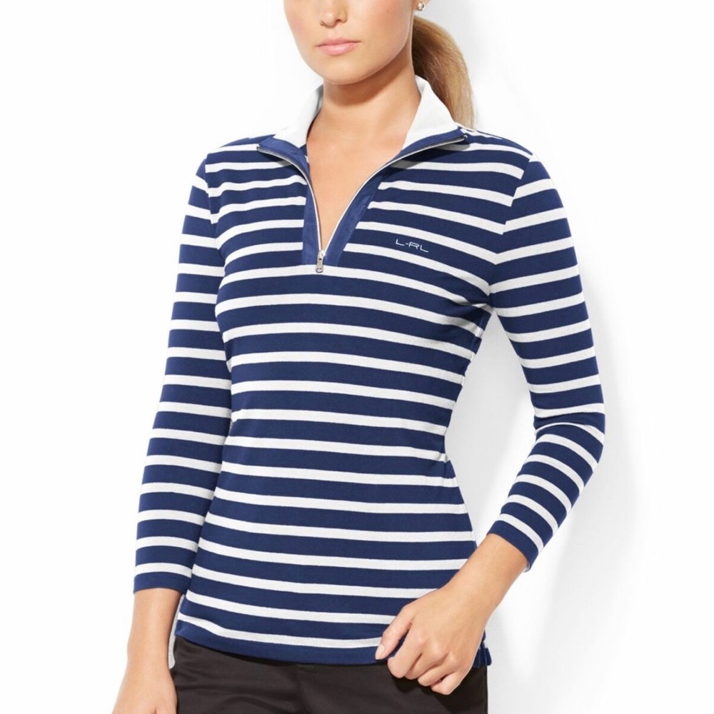Lauren Ralph Lauren Active Shirt Women Thermal Long Slv Blue Stripe 1/4 Zip Sz L